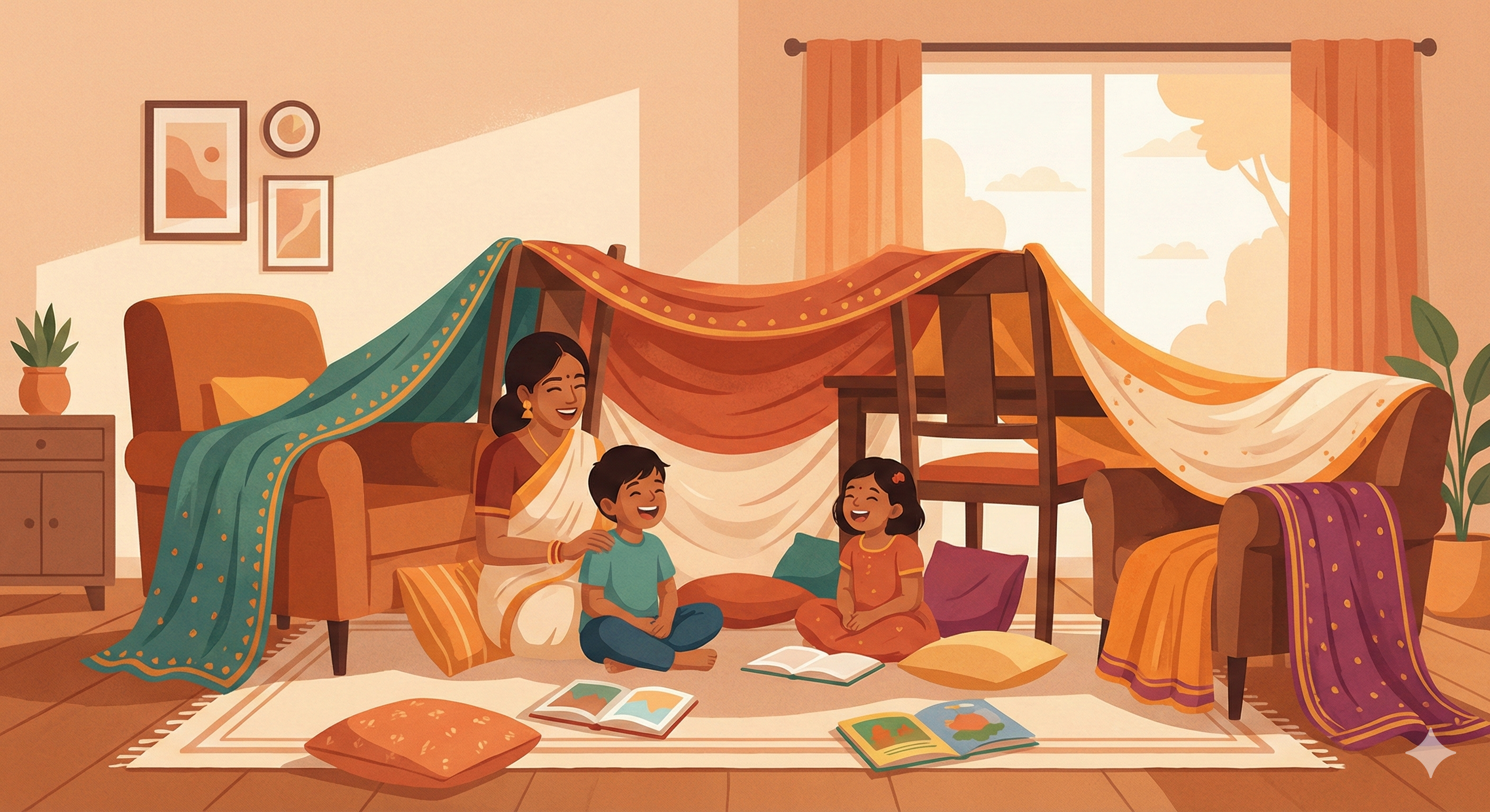 Indian family building a cozy blanket fort with sarees and cushions in their living room
