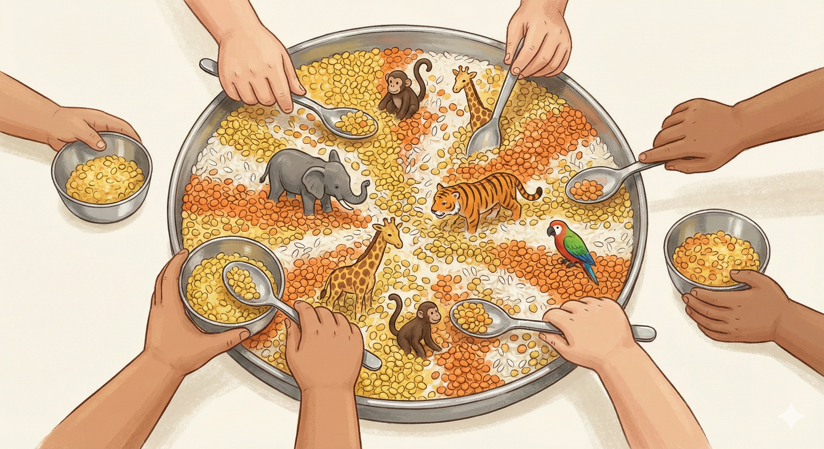 Sensory play setup with colorful dal and rice in a steel thali, small hands scooping with spoons